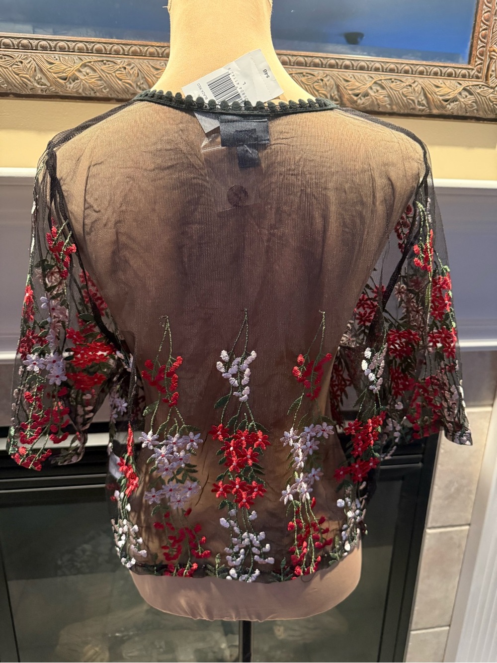 NWT Rabbit Rabbit Rabbit Black Sheer Large Cardigan with Floral Embroidery - Picture 4 of 7